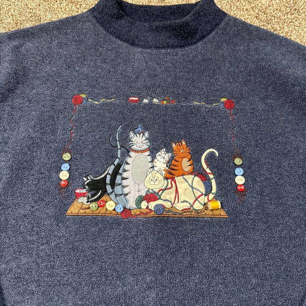 VTG Cat Sewing Yarn Embroidered Fleece Pull Over Sweater Shenandoah Medium 90's